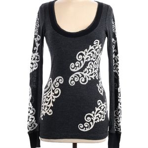 Free People Black Long Sleeve Scoop Neck Sweater with White Scroll Print